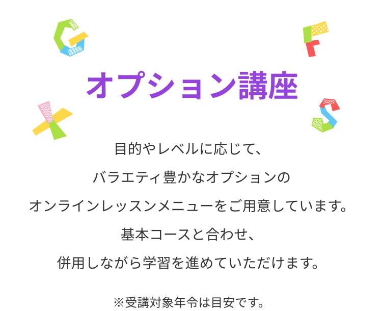 オプション講座　目的やレベルに応じて、バラエティ豊かなオプションのオンラインレッスンメニューをご用意しています。基本コースと合わせ、併用しながら学習を進めていただけます。